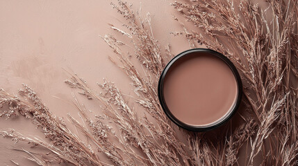 Aufkleber - A stylish sample of Mocha Mousse rests on a subtle, earthy surface adorned with wisps of dried grass, creating a serene aesthetic