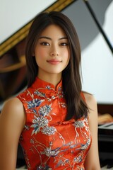 Wall Mural - Asian woman in a cheongsam with crystal details, standing in front of a grand piano.