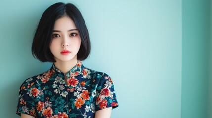 Wall Mural - Asian woman in a modern cheongsam with abstract patterns, posing in a metropolitan cafe.