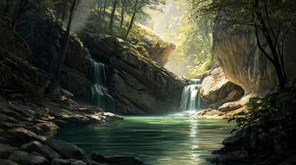 Poster - Scenic viewpoint of a tranquil river flowing through a rocky gorge in a calm forest environment