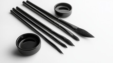 Poster - Artistic calligraphy brush set with ink pots minimalist studio photography clean background flat lay concept
