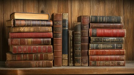 Poster - Vintage book collection on wooden shelf cozy library setting still life warm atmosphere artistic perspective literary charm