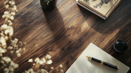 Poster - Elegant writing setup with fountain pen and stylish notepad on wooden table cozy workspace creative inspiration