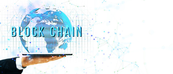 Poster - Hand holding laptop with floating globe, network lines and Blockchain text. Minimalist white background. Concept of digital technology