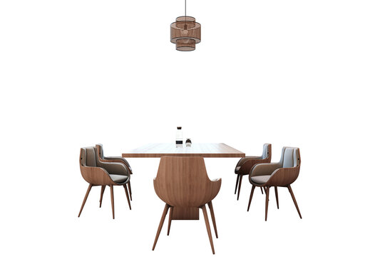 Wooden dining table with elegant chairs and a decorative pendant light, isolated white background, clean design, dining layout concept. 3D Rendering.