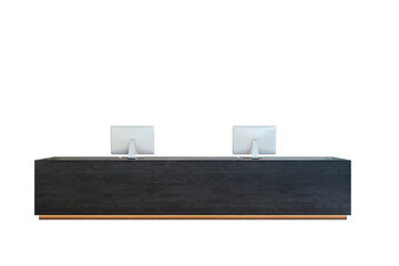 Minimal dark wood reception desk with two computer monitors, isolated on white background, front view, clean and modern design concept. 3D Rendering.