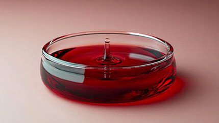 Poster - A single red droplet creating a ripple in a glass petri dish, set against a vibrant lab background, symbolizing research and scientific discovery