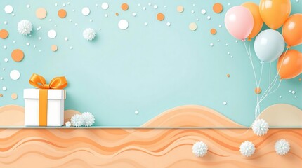 Poster - Pastel Balloons Floating Over Gift with Dreamy Abstract Background in Orange and Teal Hues