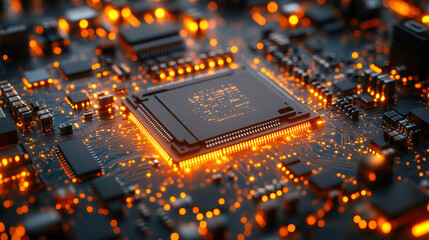 Poster - High-tech circuit board glowing with orange lights, showcasing intricate details of microchips and pathways