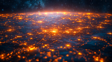Poster - A glowing orange grid of light dots extending into the horizon, resembling a futuristic cityscape or network