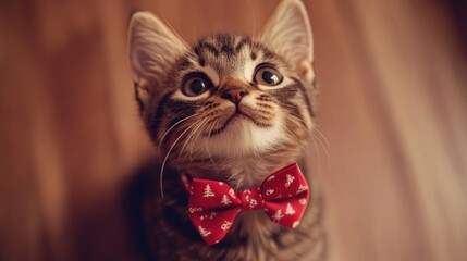 Poster - Cute Tabby Kitten Wearing Festive Red Bow Tie on Wooden Floor