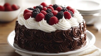 Wall Mural - Delicious Chocolate Cake with Fresh Berries and Whipped Cream