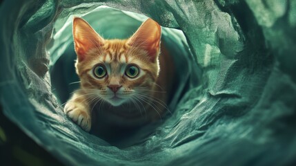 Poster - Curious Ginger Cat Exploring Tunnel of Green Textile Material