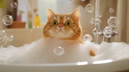 Poster - Adorable Cat in Bubble Bath with Surprised Expression in Bathtub