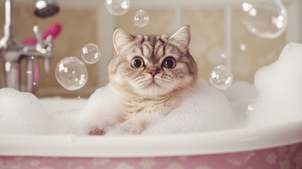 Poster - Adorable Cat Enjoying a Relaxing Bubble Bath in a Cozy Bathroom