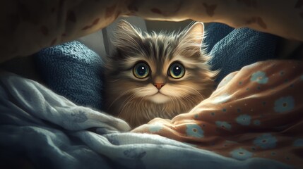 Poster - Adorable Tabby Kitten Peeking from Cozy Blanket Nest