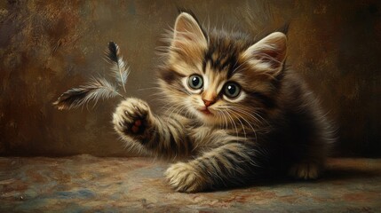 Poster - Adorable Tabby Kitten Playing with Fluffy Feathers in Soft Light