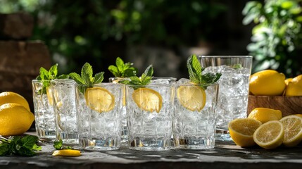 Poster - Refreshing Lemonade with Mint in Glasses on a Rustic Table