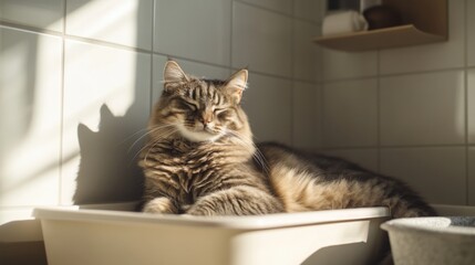 Poster - Cat Relaxing in Sunlit Bathroom on a Bathing Tray