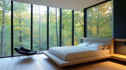 Poster - Modern Bedroom Design with Large Windows and Forest View
