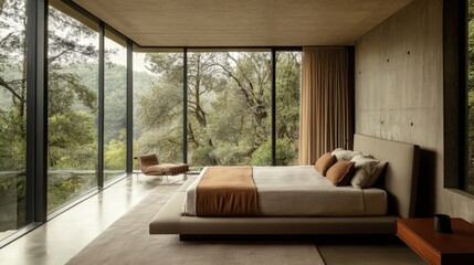 Poster - Modern Minimalist Bedroom Design with Floor-to-Ceiling Windows