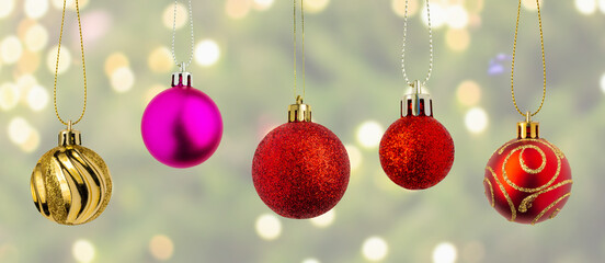 Wall Mural - Christmas bauble hanging decoration with bokeh light background celebration holiday banner template