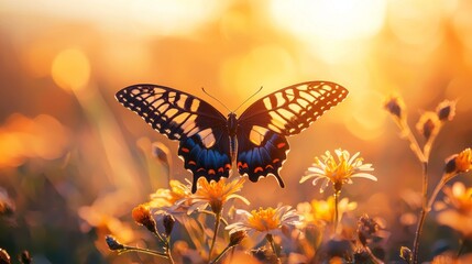 Poster - Delicate Melanargia lachesis butterfly dances among bright wildflowers, basking in the warm glow of the setting sun