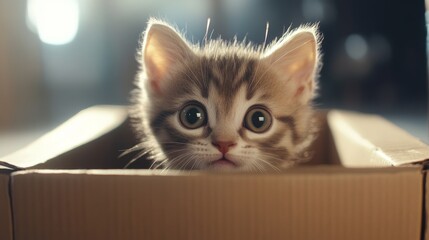 Poster - Curious Kitten Peeking Out from Cardboard Box with Bright Eyes