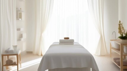 Poster - Sunlight illuminates a pristine spa room featuring a massage table draped in fresh white linens, complete with stacked towels and amenities, creating a serene atmosphere of relaxation and wellness