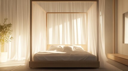 Poster - Elegant Minimalist Bedroom with Canopy Bed and Soft Lighting