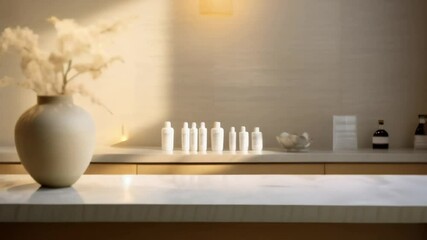 Poster - Sunlight illuminating a modern spa reception desk with a sleek marble countertop, a ceramic vase of dried flowers, and an organized collection of cosmetic products