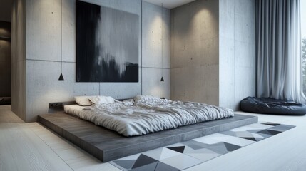 Leinwandbilder - Modern Minimalist Bedroom with Concrete Walls and Chic Design Elements