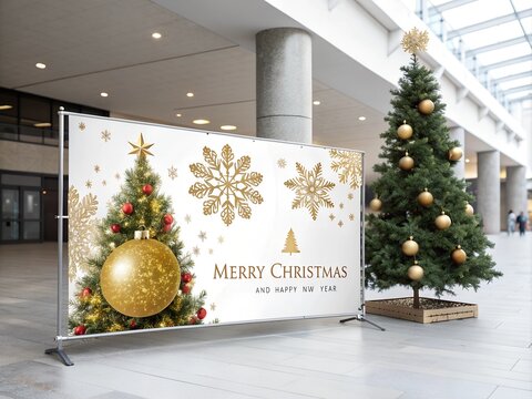 Merry Christmas and Happy New Year poster with ornament trees.
