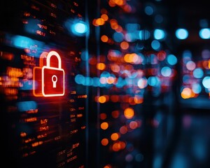 Leinwandbilder - A glowing padlock symbol against a backdrop of colorful data streams, representing cybersecurity and digital protection.