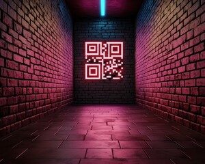 Aufkleber - A dimly lit corridor with pink and blue hues features glowing QR codes on a brick wall, creating a modern, tech-inspired atmosphere.