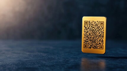 Fototapete - A golden QR code card stands upright on a textured surface, illuminated by soft light, showcasing its intricate design against a dark background.