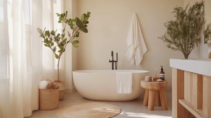 Leinwandbilder - Modern Bathroom Design with Bathtub and Natural Elements