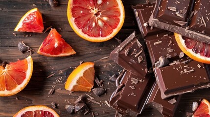 Poster - Dark chocolate pieces surrounded by vibrant blood orange slices on a wooden surface.