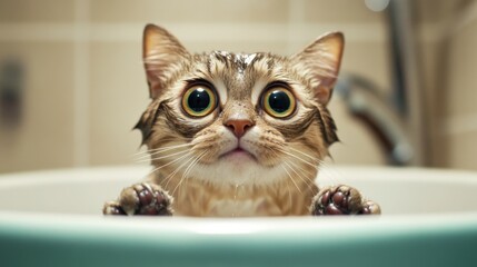 Poster - Curious Kitten in Bathtub with Wide Eyes and Wet Fur