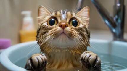 Poster - Playful Kitten in Bath Water with Big Eyes and Adorable Expression