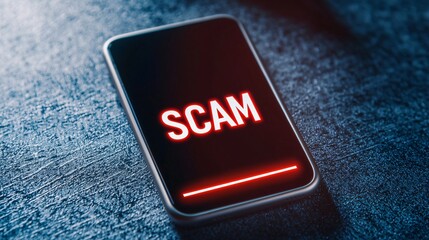 Poster - Scam calls concept. Smartphone displaying the word SCAM in red on a dark surface.