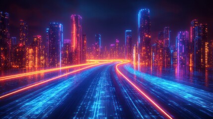 Poster - Futuristic cityscape with vibrant neon lights and glowing roads.
