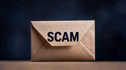 Poster - Scam calls concept. Envelope labeled SCAM on a dark background, highlighting fraud awareness.