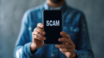 Poster - Scam calls concept. Person holding phone displaying the word SCAM in bold letters.