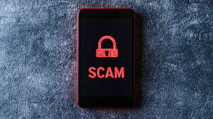 Poster - scam calls concept. mobile phone displays a red scam alert with a padlock symbol on a textured backg