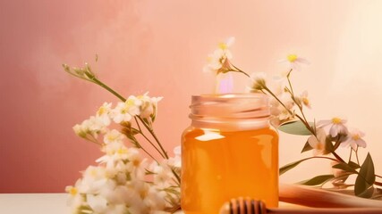Aufkleber - Honey dripping into glass jar with wooden honey dipper and small white flowers on white table against a warm, soft focus background creating a cozy and inviting atmosphere