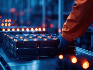 Poster - A worker in an industrial setting is handling battery packs on a production line, illuminated by blue and orange lights, emphasizing a high-tech environment.