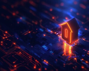 Poster - A glowing house icon set against a digital circuit board backdrop, symbolizing the intersection of technology and smart home innovation.