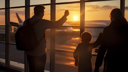 Poster - Silhouetted family members waving goodbye at the airport terminal during a stunning sunset, capturing a heartwarming travel moment filled with love and togetherness