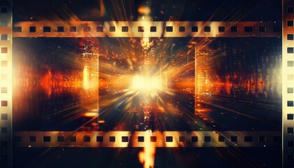Wall Mural - vibrant explosion of film strips with golden cinematic glows and abstract light trails depicting mot
